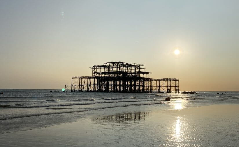 West Pier in Hove at sunset during low tide